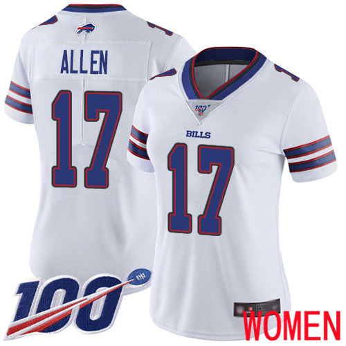 Women Buffalo Bills 17 Josh Allen White Vapor Untouchable Limited Player 100th Season NFL Jersey